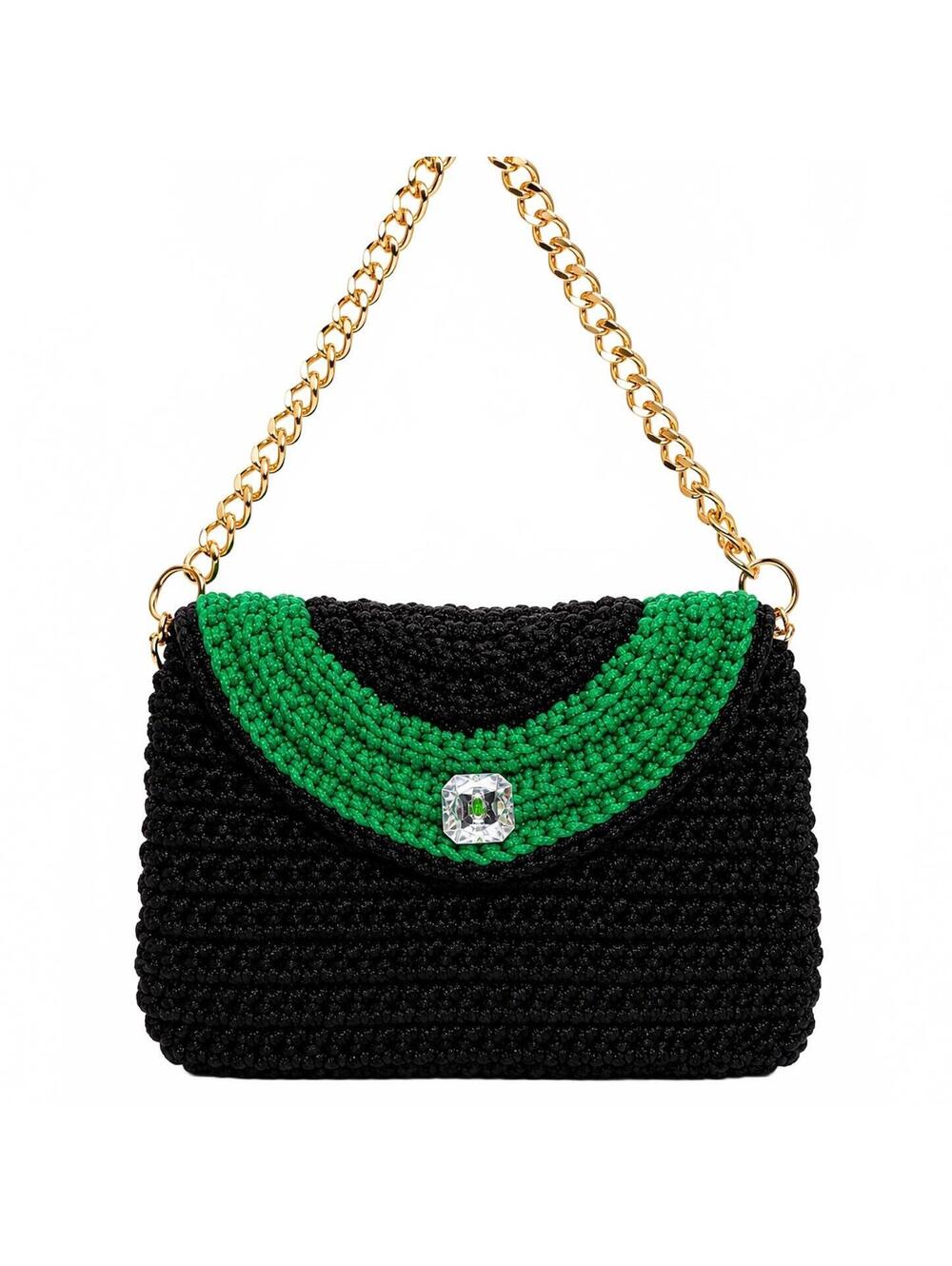Handmade Black & Emerald Green Crochet Shoulder Bag with Gold-Tone Chain